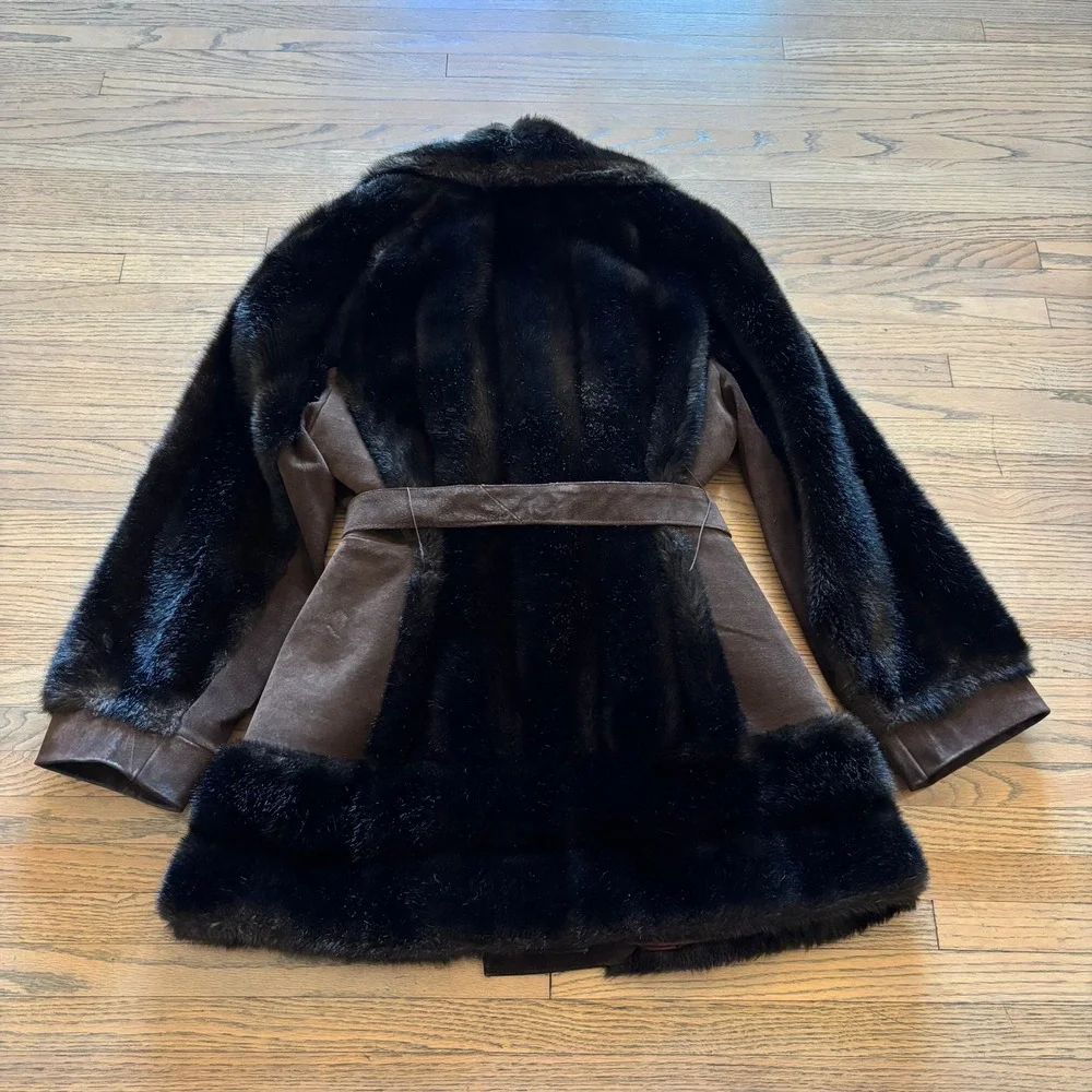 Vintage Rosewin Tissavel Brown Faux Fur Suede Belted Mid Coat Jacket Womens M‎ L